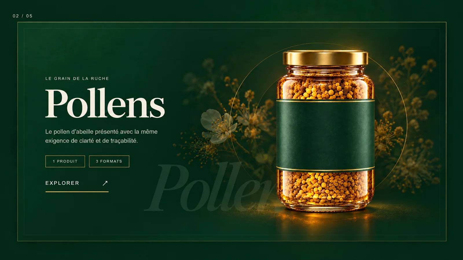 Pot de pollen MIELOR dans un univers botanique doré
